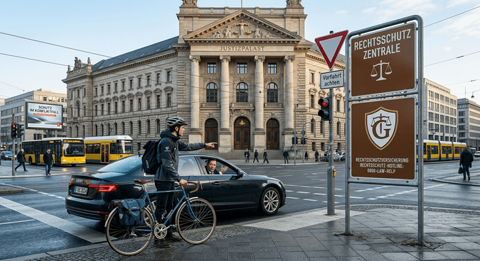 Radfahrer an einer Kreuzung vor einem Justizpalast neben einem Hinweisschild für Rechtsschutz.